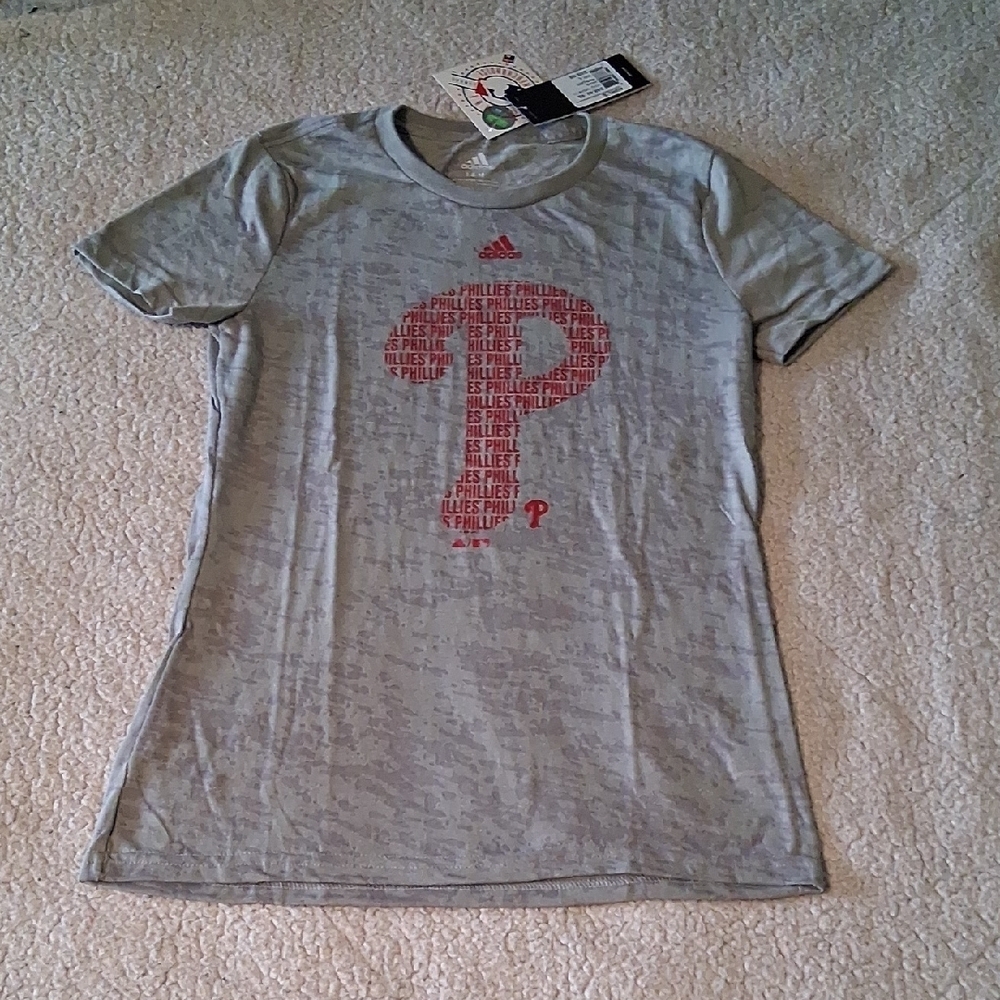 New Adidas Kids Gray Tee with Red Phillies Graphic